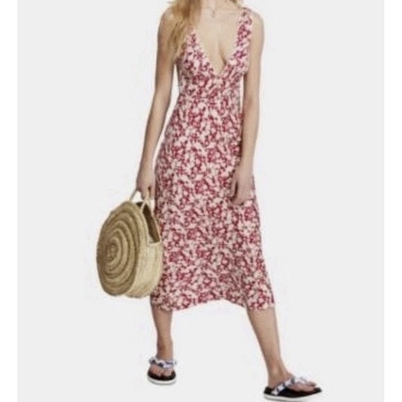 Free People Dresses & Skirts - Free People Ohh La La Red Floral Bias Cut Midi Dress Red Sleeveless Size 10 $138